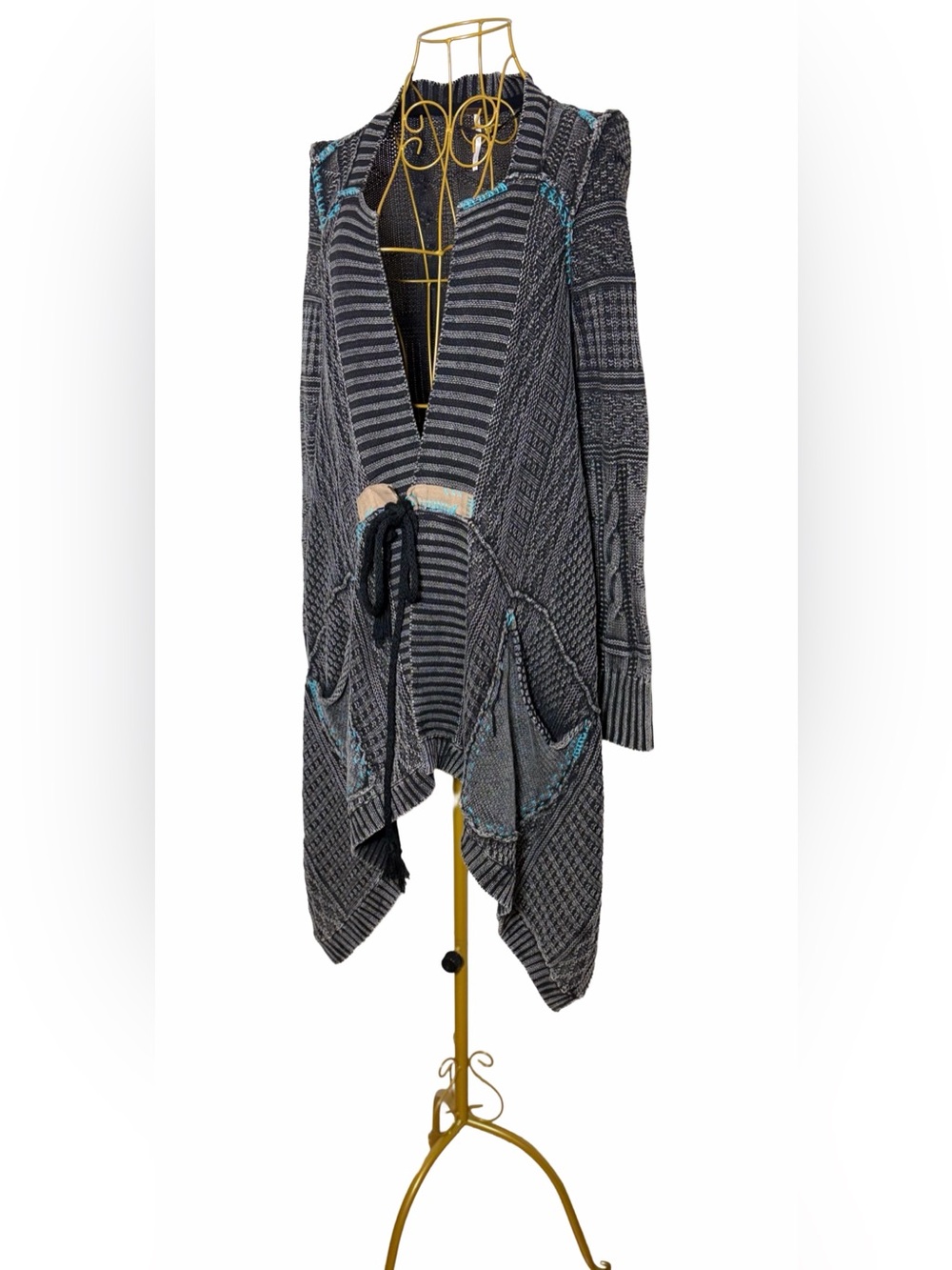 Free People Mixed Knit Waterfall Cardigan
Open Sweater, Tie Waist, Blue Gray, XS - Picture 8 of 16